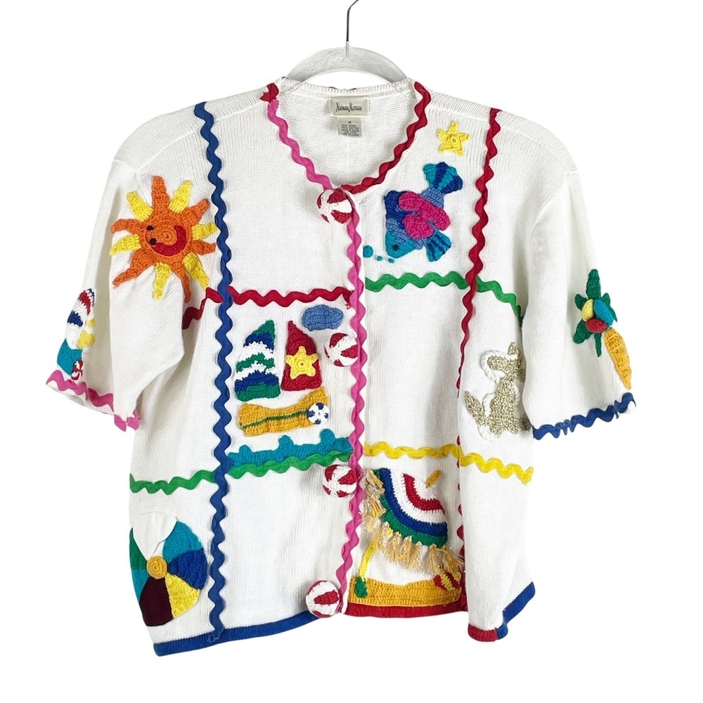 Vintage Neiman Marcus Cardigan Medium Nautical Beach 3D Applique Knit Maximalist